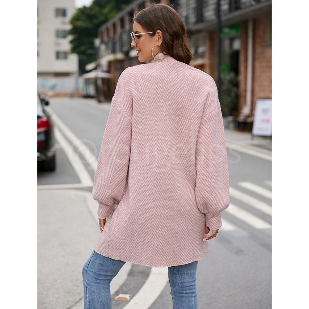 Knit Chevron Open Cardigan Bishop Sleeves Hip Length Pink & White - Picture 3 of 10